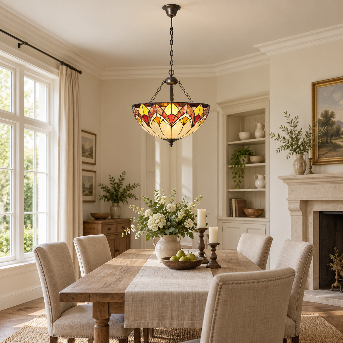 Room visualisation featuring Blossom Tiffany Three-Chain Uplighter Pendant