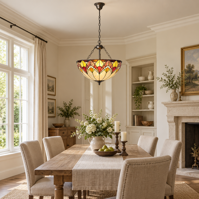 Blossom Tiffany Three-Chain Uplighter Pendant, in a room setting