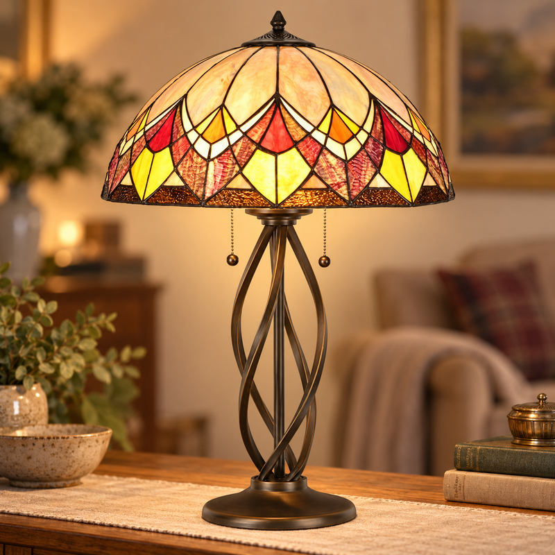 Blossom Salsa Tiffany Table Lamp, illuminated