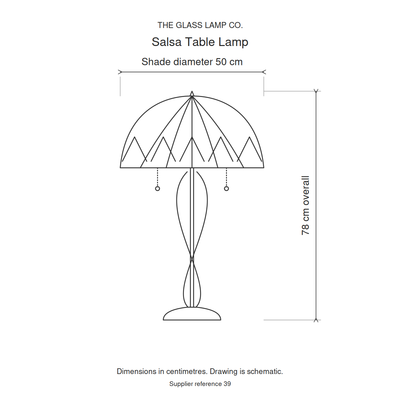 Blossom Salsa Tiffany Table Lamp, dimensions diagram in centimetres