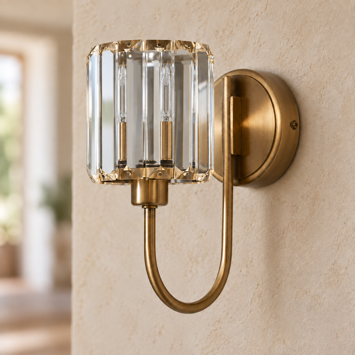 Cortona Antique Brass Faceted Glass Wall Light, unlit