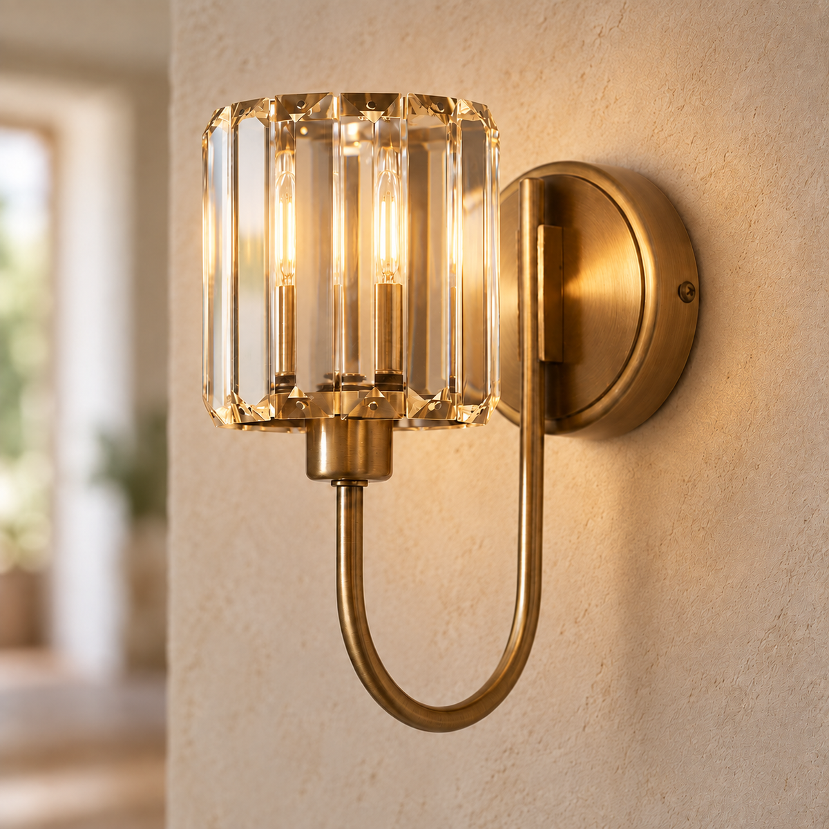 Cortona Antique Brass Faceted Glass Wall Light, illuminated