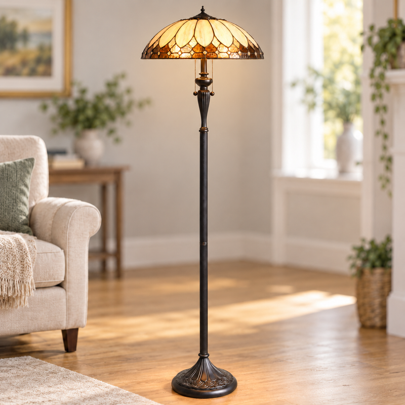 Cream Art Deco Tiffany Floor Lamp, illuminated