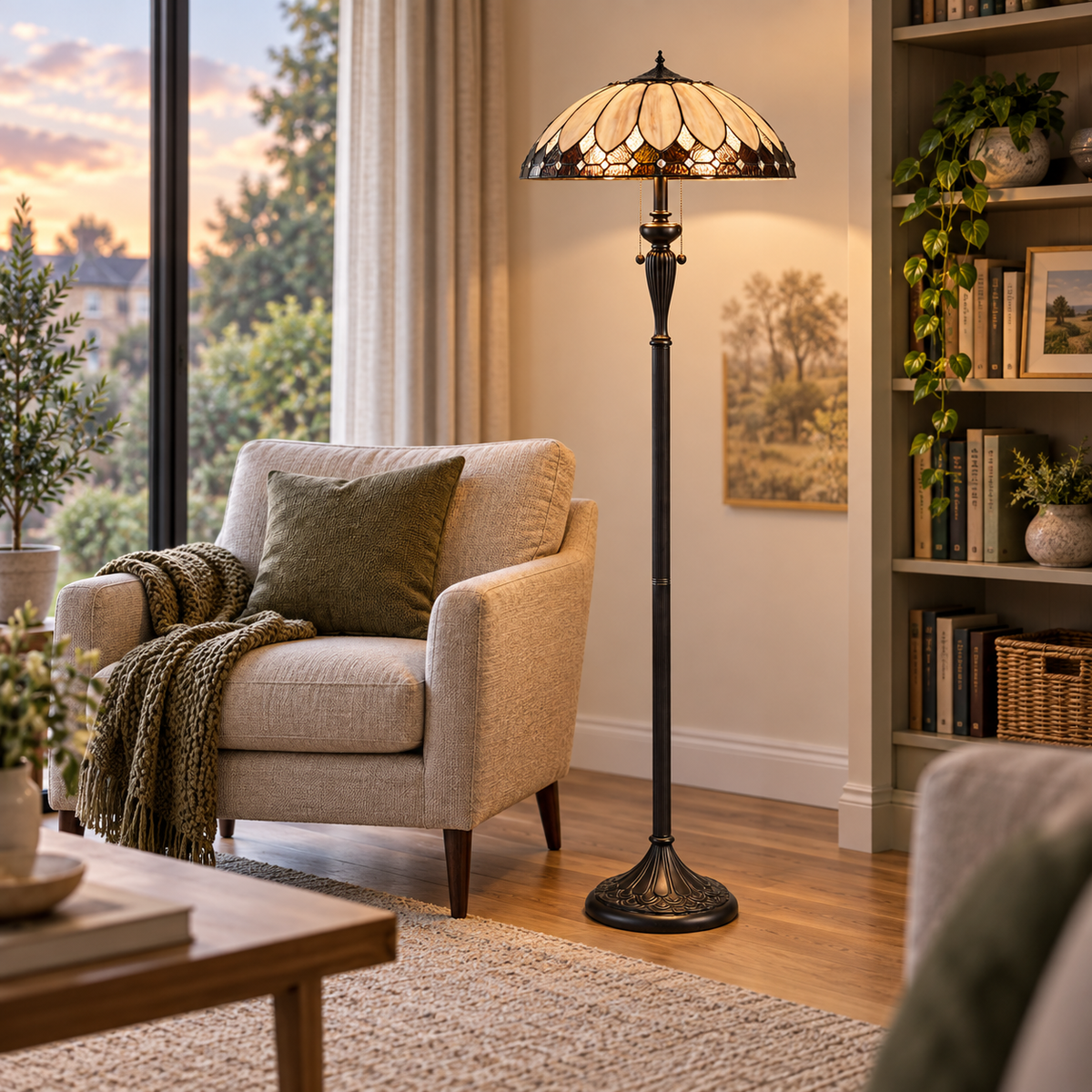 Room visualisation featuring Cream Art Deco Tiffany Floor Lamp