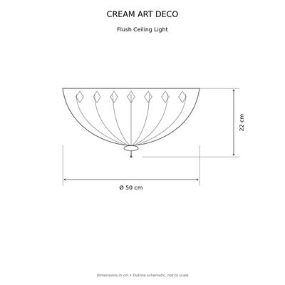 Cream Art Deco Tiffany Flush Ceiling Light, dimensions diagram in centimetres