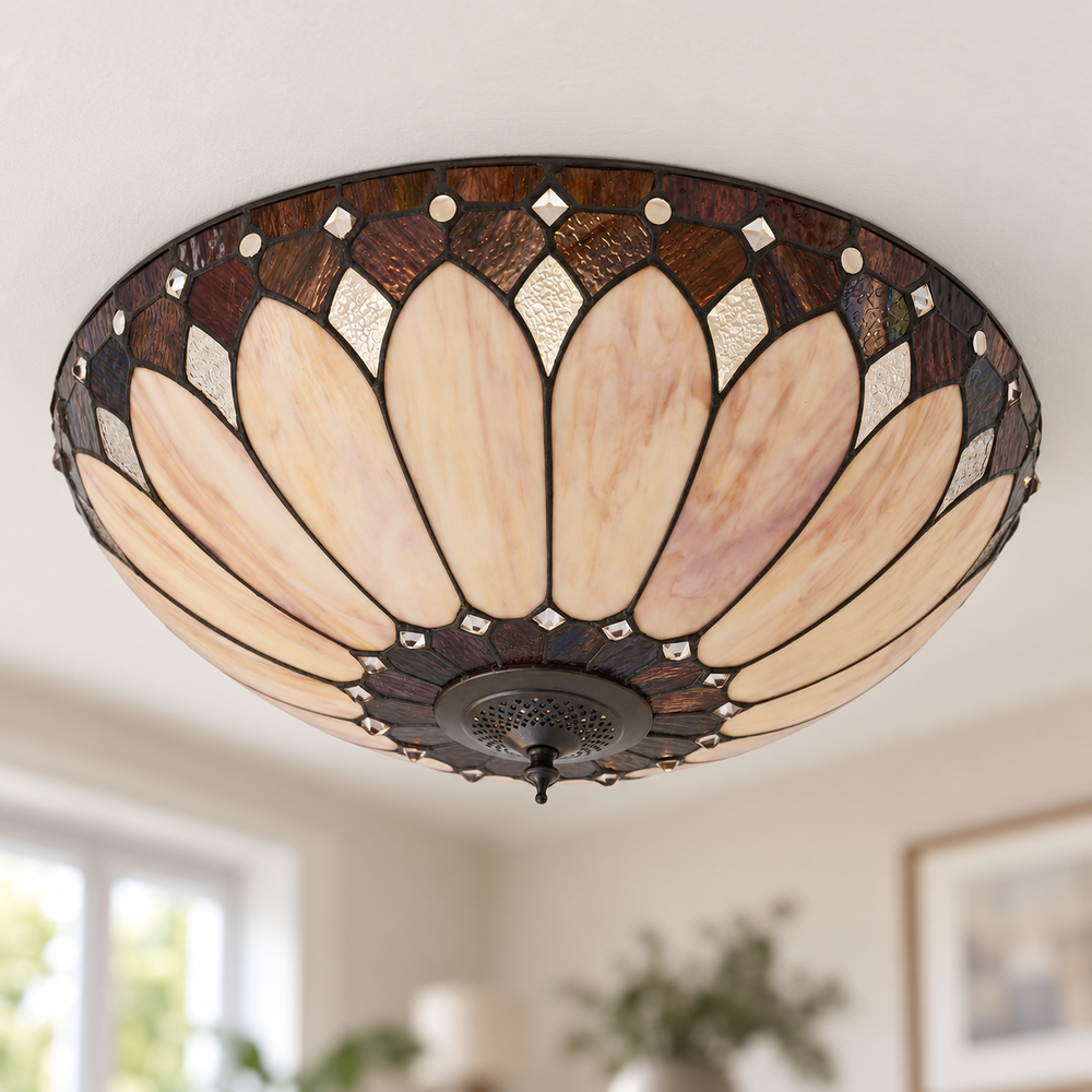 Cream Art Deco Tiffany Flush Ceiling Light - hero off