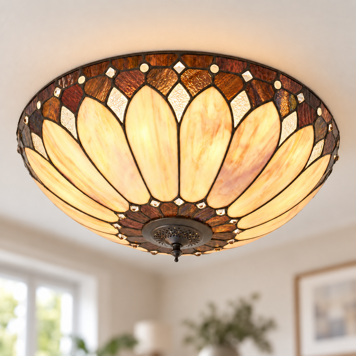Cream Art Deco Tiffany Flush Ceiling Light, illuminated