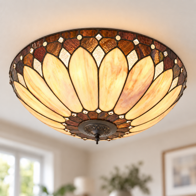 Cream Art Deco Tiffany Flush Ceiling Light, illuminated