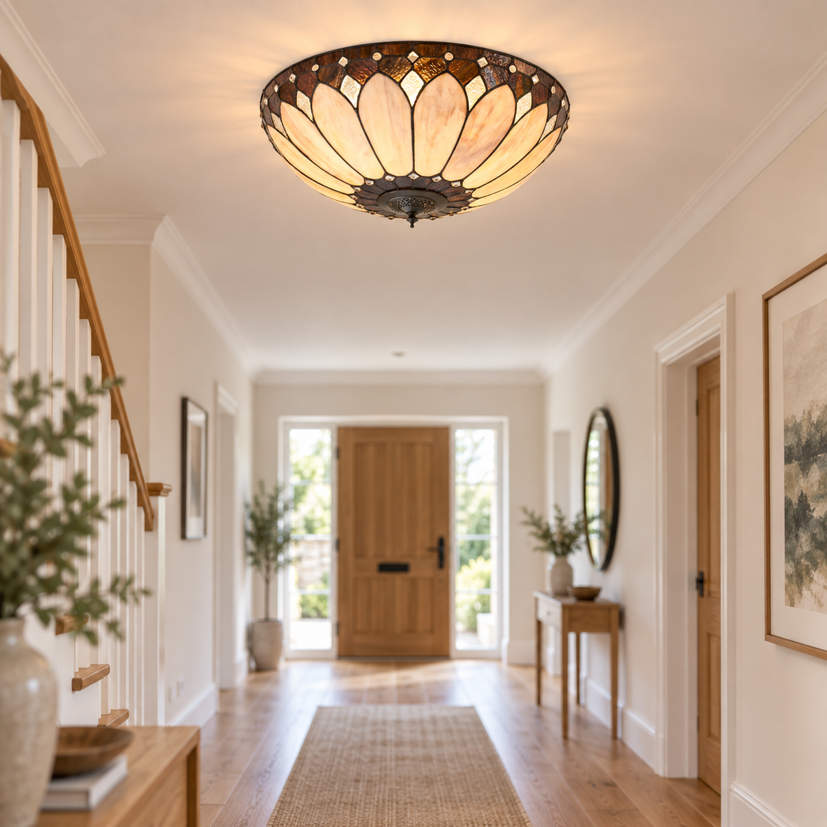 Room visualisation featuring Cream Art Deco Tiffany Flush Ceiling Light