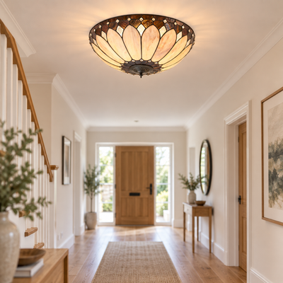 Cream Art Deco Tiffany Flush Ceiling Light, in a room setting