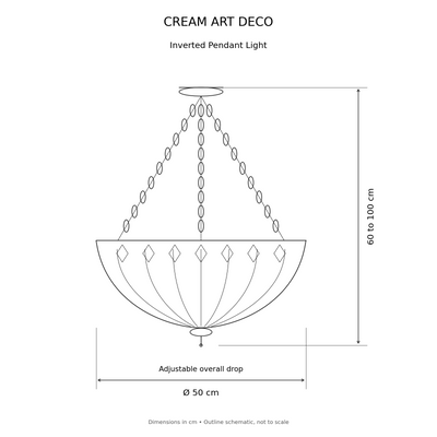 Cream Art Deco Tiffany Inverted Pendant Light, dimensions diagram in centimetres