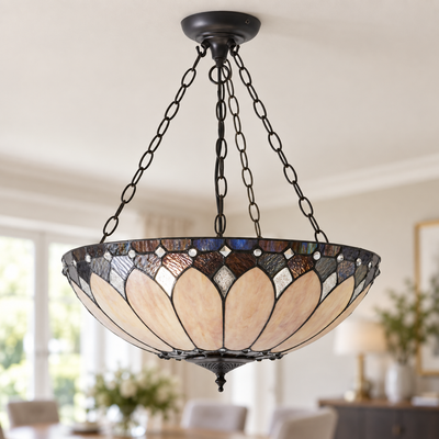 Cream Art Deco Tiffany Inverted Pendant Light, unlit