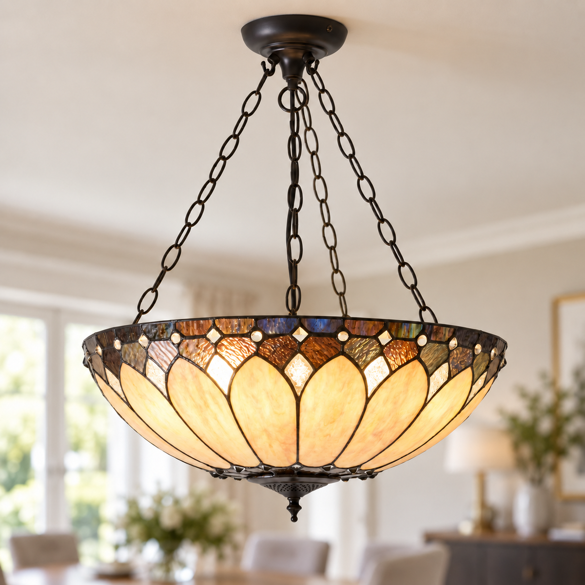 Cream Art Deco Tiffany Inverted Pendant Light, illuminated