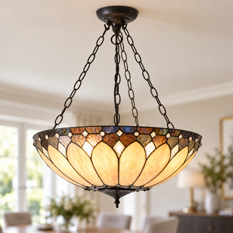 Cream Art Deco Tiffany Inverted Pendant Light, illuminated