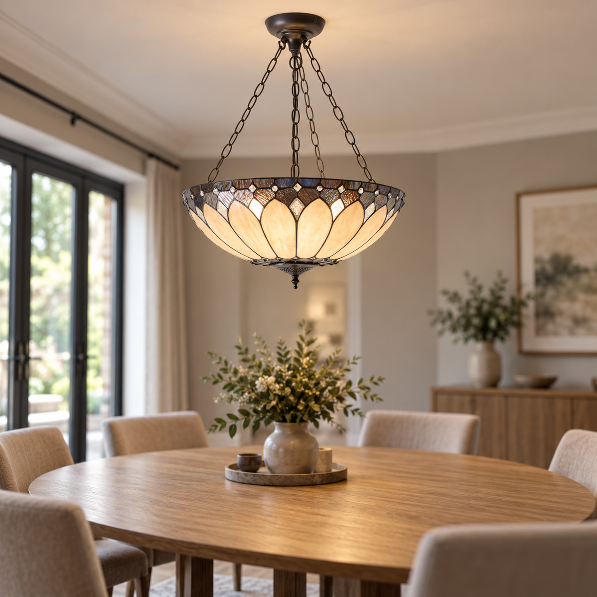 Room visualisation featuring Cream Art Deco Tiffany Inverted Pendant Light