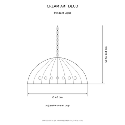 Cream Art Deco Tiffany Pendant Light, dimensions diagram in centimetres