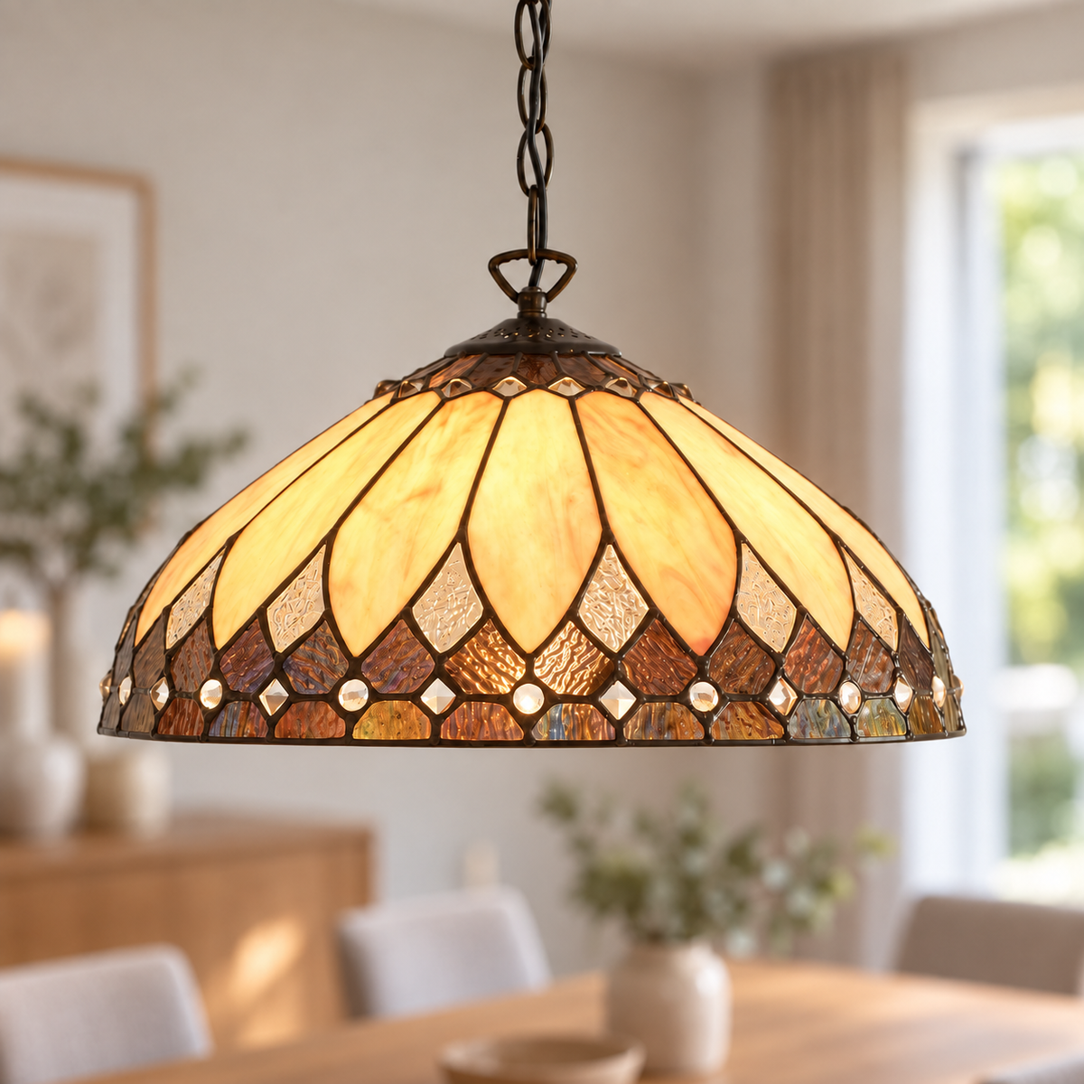Cream Art Deco Tiffany Pendant Light, illuminated