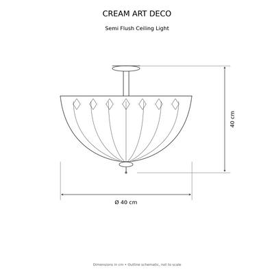 Cream Art Deco Tiffany Semi Flush Ceiling Light, dimensions diagram in centimetres