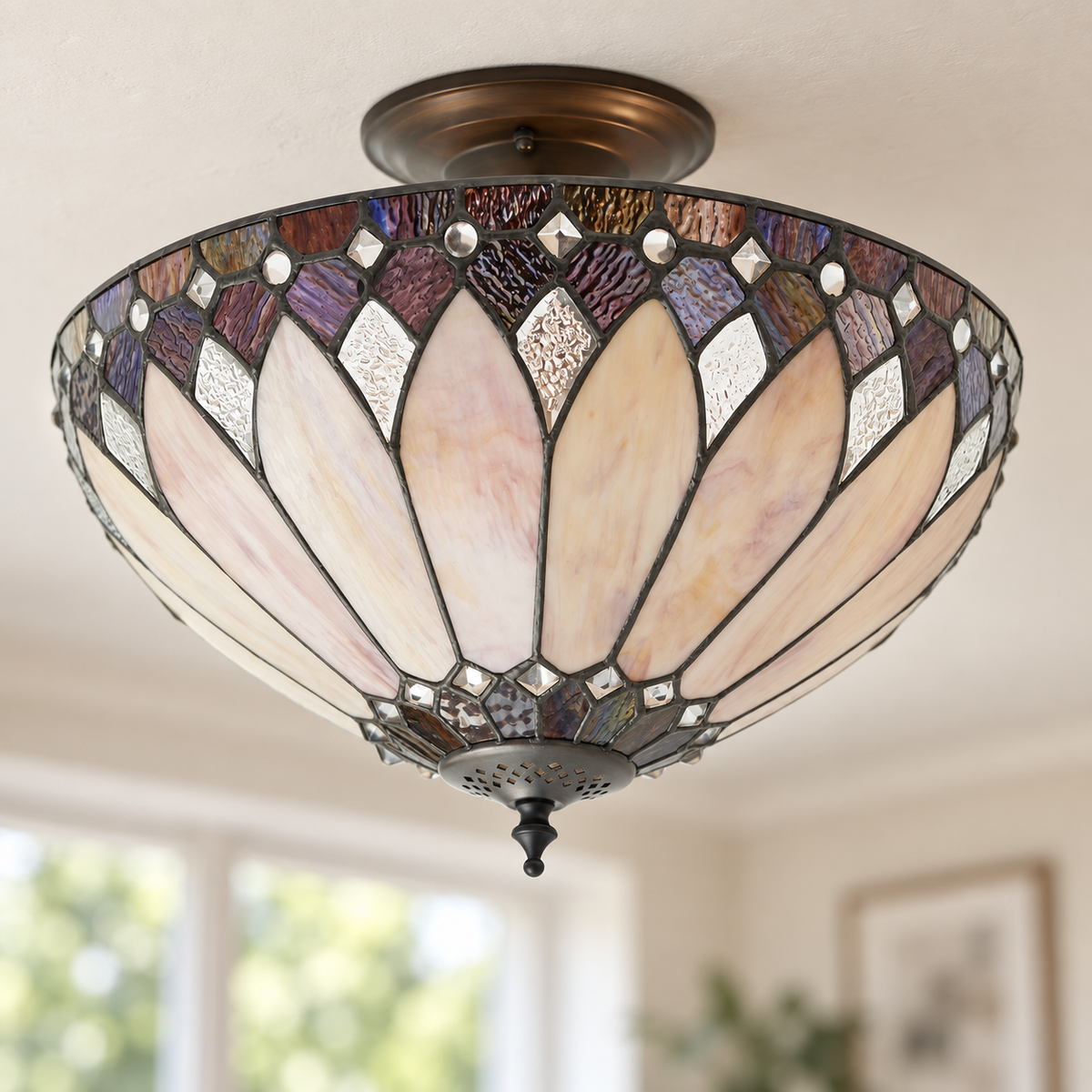 Cream Art Deco Tiffany Semi Flush Ceiling Light, unlit