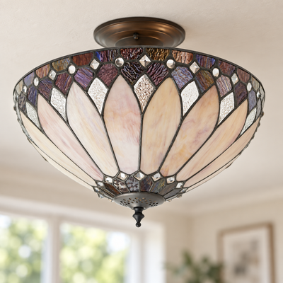 Cream Art Deco Tiffany Semi Flush Ceiling Light, unlit