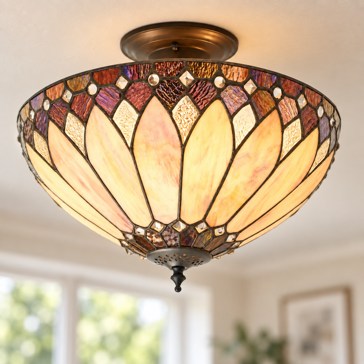 Cream Art Deco Tiffany Semi Flush Ceiling Light, illuminated