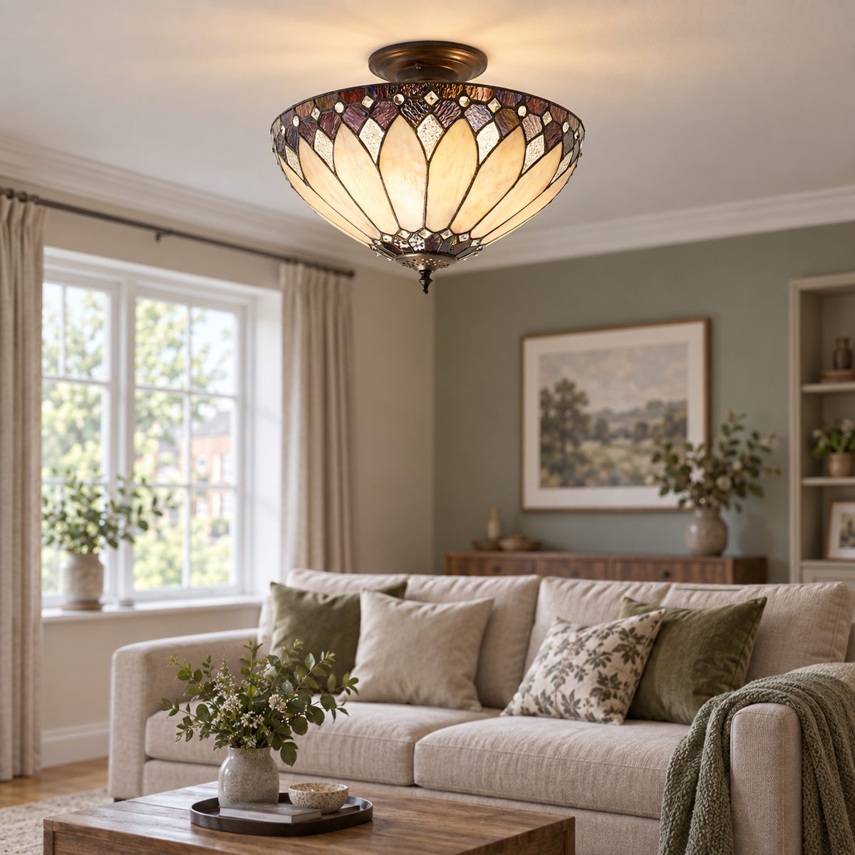 Room visualisation featuring Cream Art Deco Tiffany Semi Flush Ceiling Light