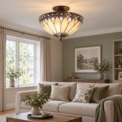 Cream Art Deco Tiffany Semi Flush Ceiling Light, in a room setting