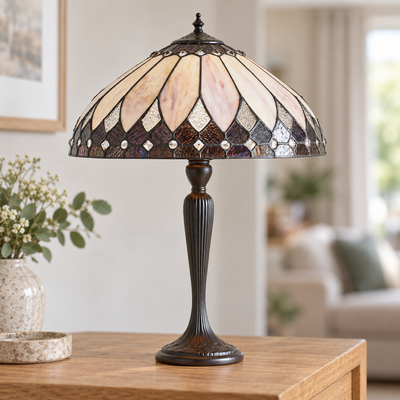 Cream Art Deco Tiffany Table Lamp, unlit