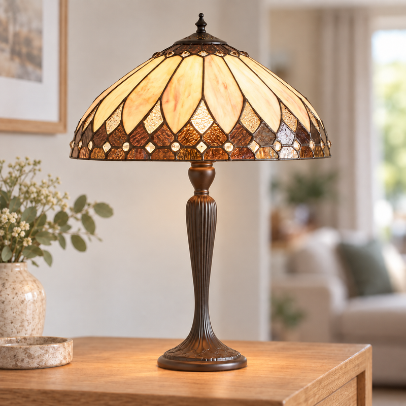 Cream Art Deco Tiffany Table Lamp, illuminated