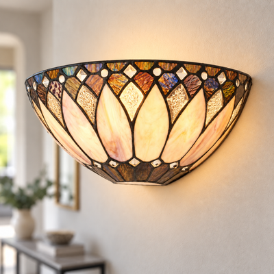 Cream Art Deco Tiffany Wall Light, illuminated