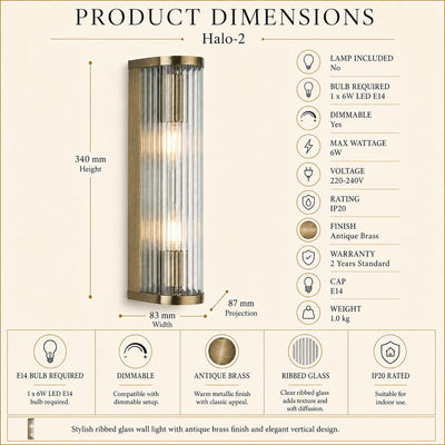 Halo 2-Light Antique Brass Ribbed Glass Wall Light, dimensions diagram