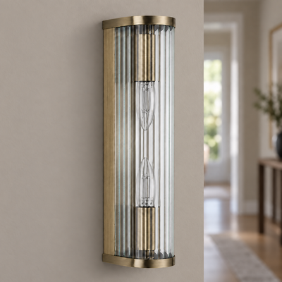 Halo 2-Light Antique Brass Ribbed Glass Wall Light, unlit
