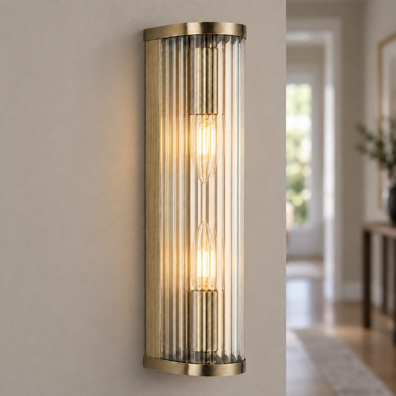 Halo 2-Light Antique Brass Ribbed Glass Wall Light, illuminated