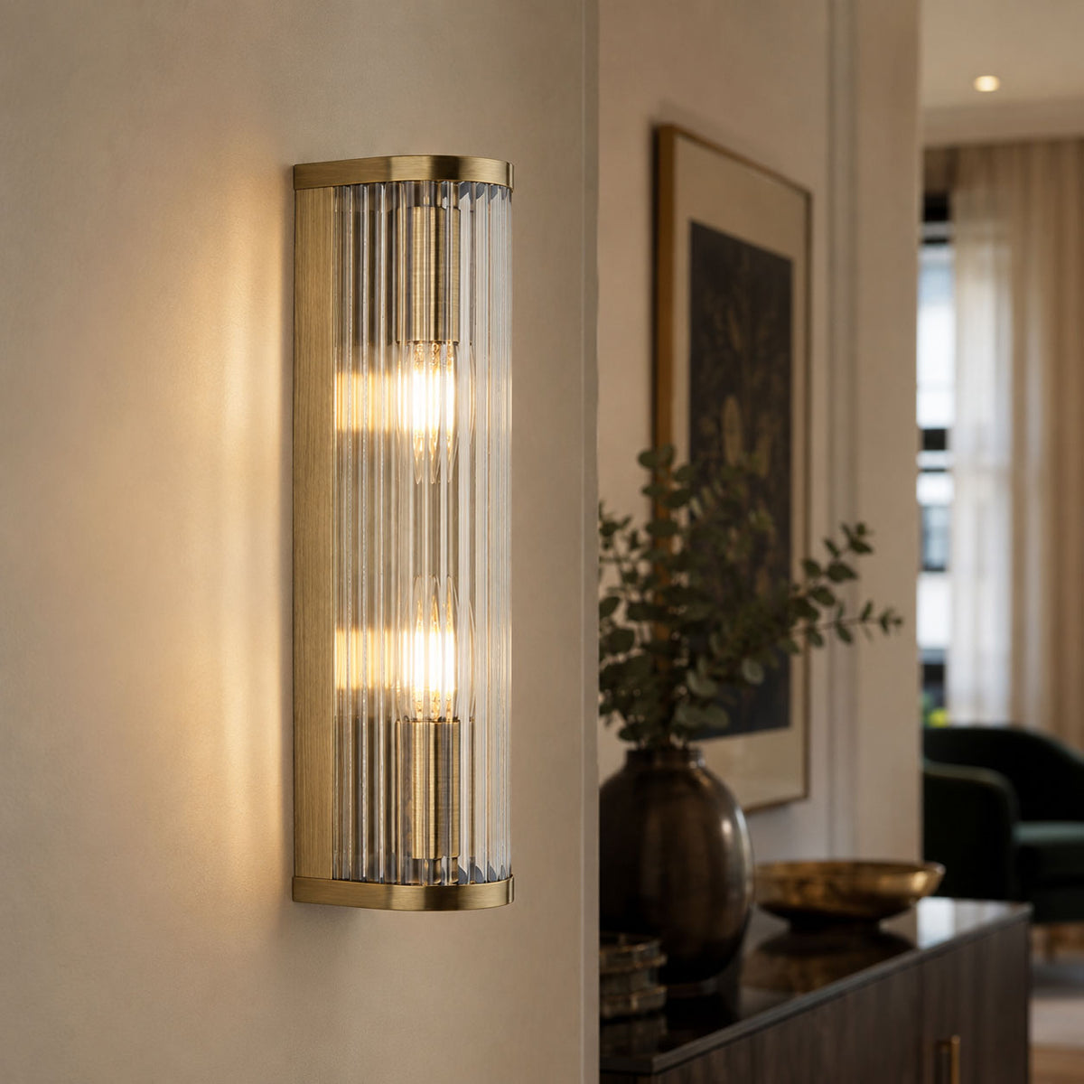 Room visualisation featuring Halo 2-Light Antique Brass Ribbed Glass Wall Light