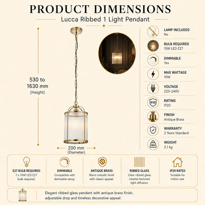 Halo 3-Light Antique Brass Ribbed Glass Pendant, dimensions diagram