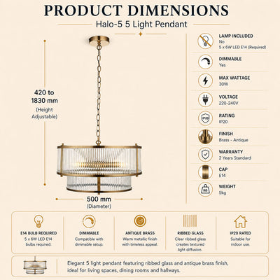 Halo 5-Light Antique Brass Ribbed Glass Pendant, dimensions diagram