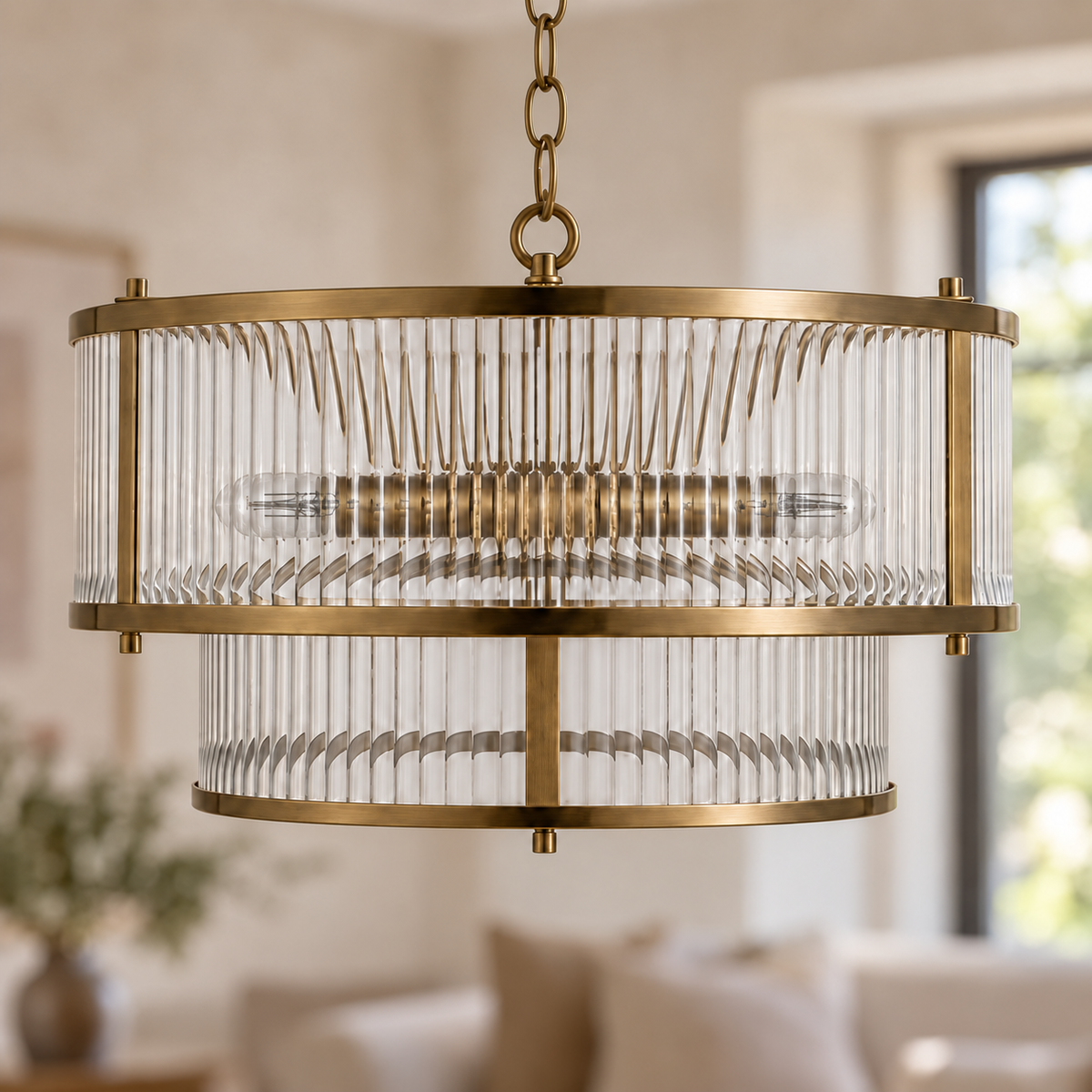 Halo 5-Light Antique Brass Ribbed Glass Pendant, unlit