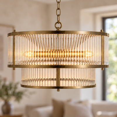 Halo 5-Light Antique Brass Ribbed Glass Pendant, illuminated