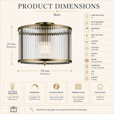 Halo Antique Brass Ribbed Glass Flush Ceiling Light, dimensions diagram