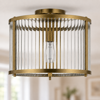 Halo Antique Brass Ribbed Glass Flush Ceiling Light, unlit
