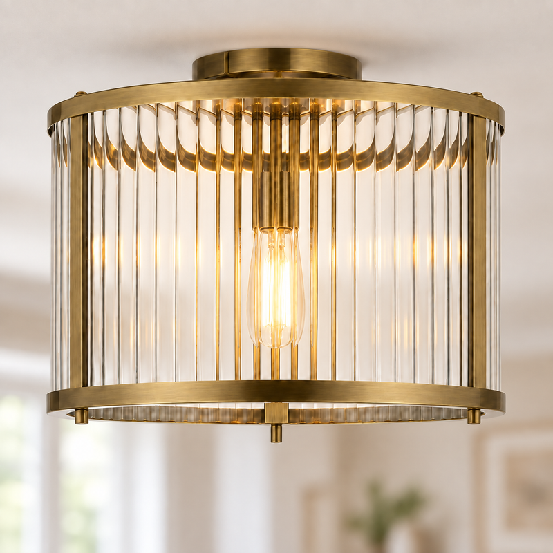 Halo Antique Brass Ribbed Glass Flush Ceiling Light, illuminated