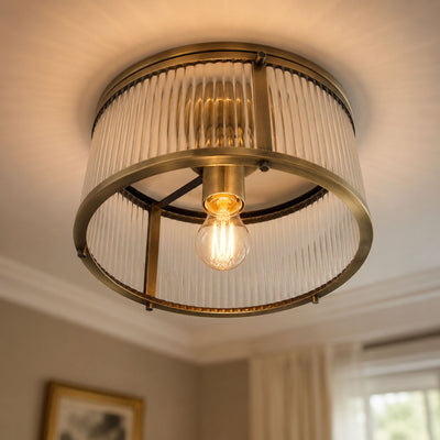 Halo Antique Brass Ribbed Glass Flush Ceiling Light, in a room setting