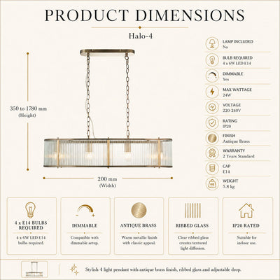Halo 4-Light Antique Brass Linear Glass Pendant, dimensions diagram