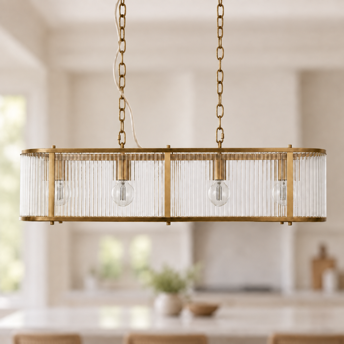 Halo 4-Light Antique Brass Linear Glass Pendant, unlit