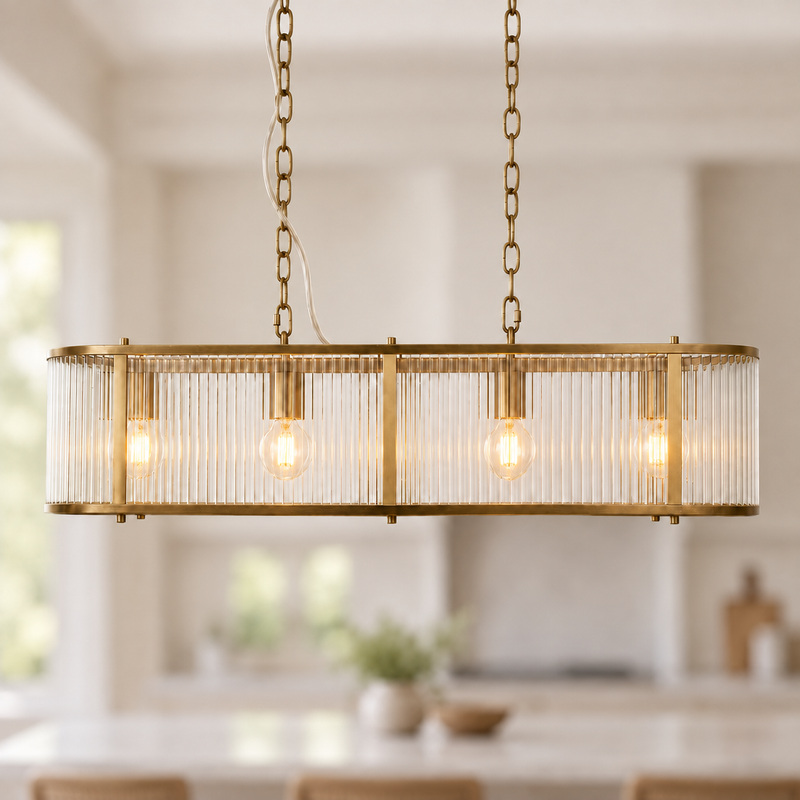 Halo 4-Light Antique Brass Linear Glass Pendant, illuminated