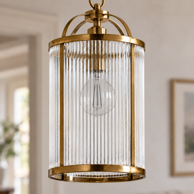 Halo Petite Antique Brass Ribbed Glass Pendant, unlit