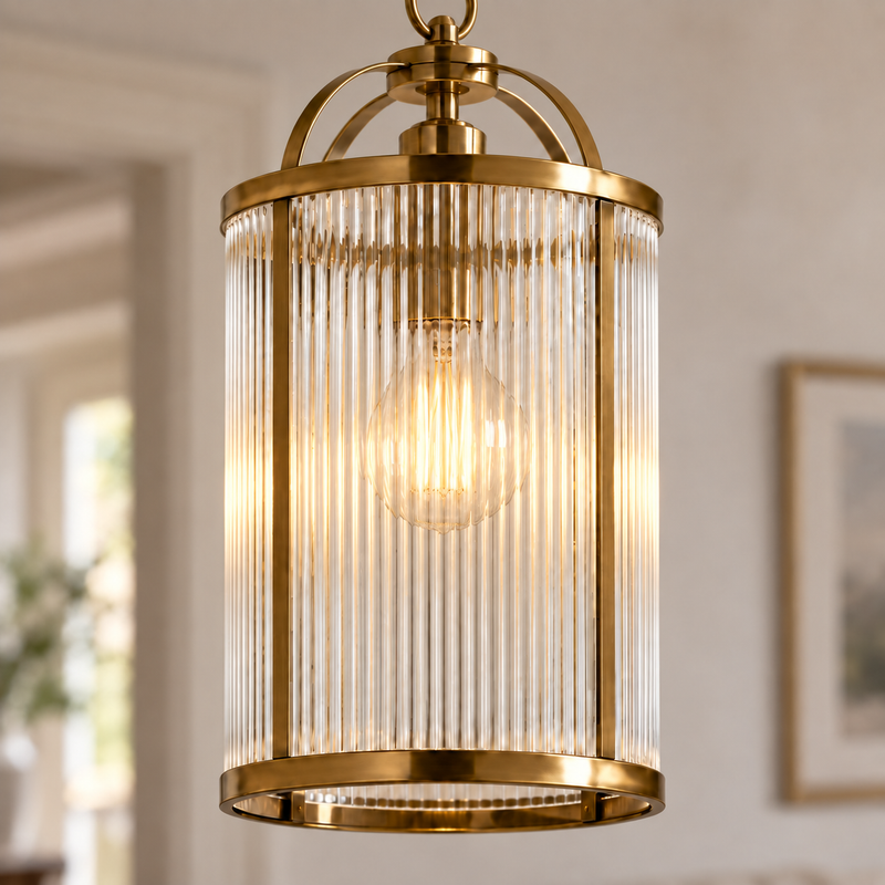 Halo Petite Antique Brass Ribbed Glass Pendant, illuminated