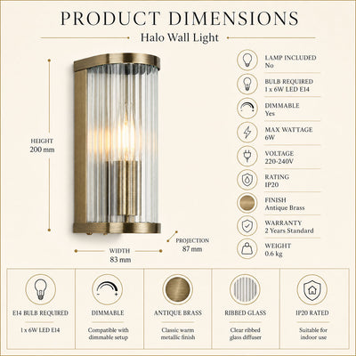 Halo Antique Brass Ribbed Glass Wall Light, dimensions diagram