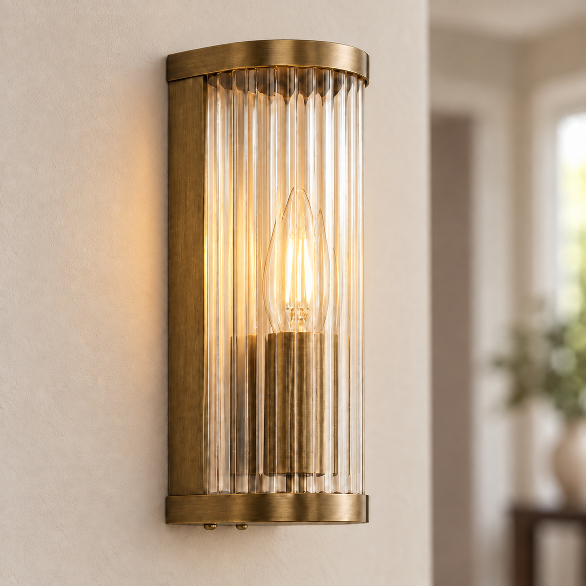 Halo Antique Brass Ribbed Glass Wall Light, illuminated