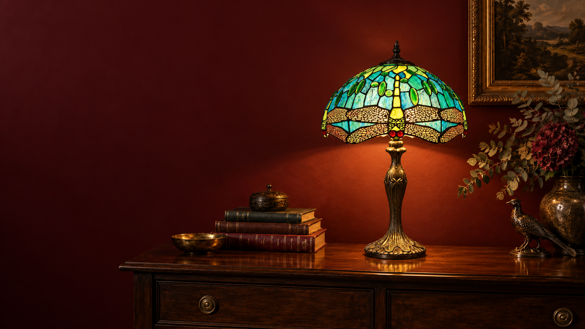 Teal & Green Dragonfly Tiffany table lamp glowing on a dark wood sideboard against a deep red wall